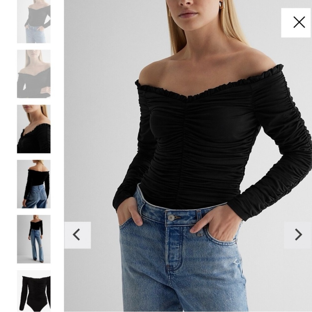 Express Black Ruched Off-Shoulder Bodysuit